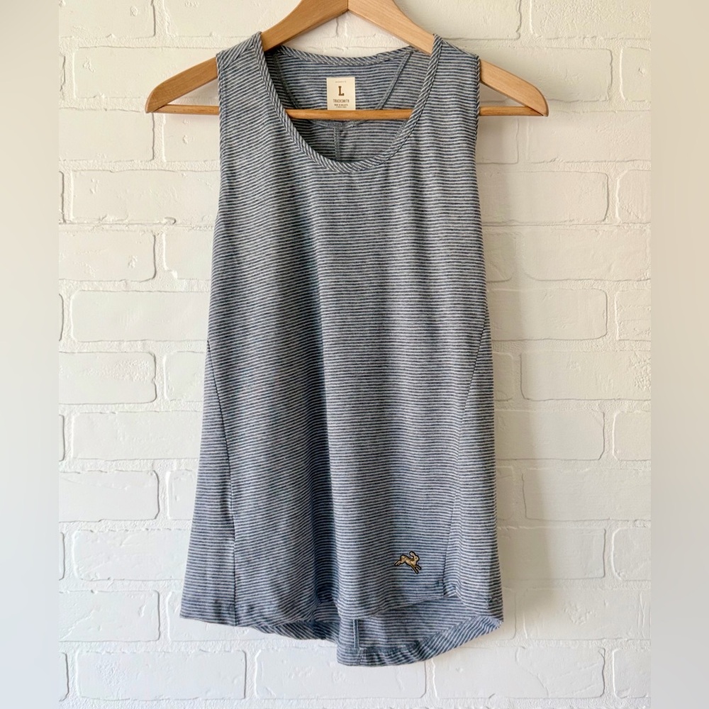 Tracksmith Women’s Running Singlet L — Grey/White Stripe, Classic Athletic, EUC